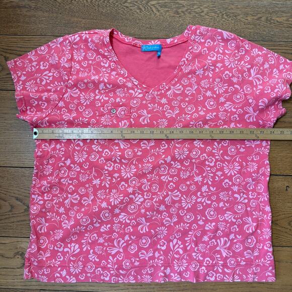 Fresh Produce Pink Floral V Neck T Shirt SZ 3X USA Cotton Pocket Casual Cottage - Picture 5 of 8